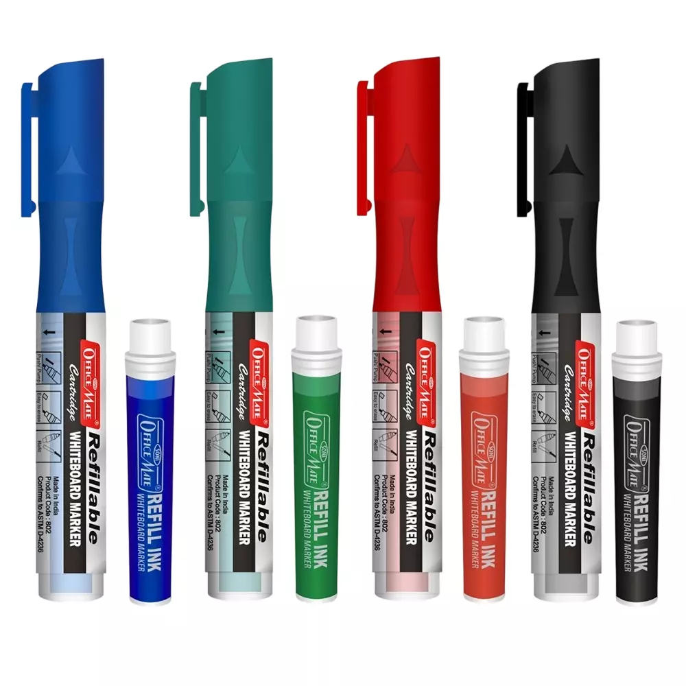 Soni Office Mate Whiteboard Marker Combo with Cartridges Refillable Type 4.43 mm Bullet Tip Ideal For Office, School & Home, Multicolor (Set of 8)