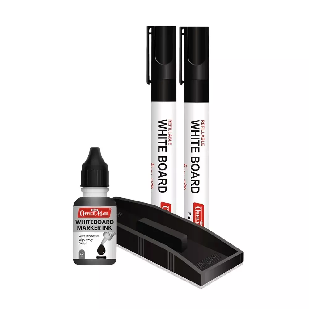 Soni OfficeMate Whiteboard Marker, Duster & Ink Combo 14 cm Marker Size 4.43 mm Tip Size 15 ml Black Ink Color for Office, College & School Use