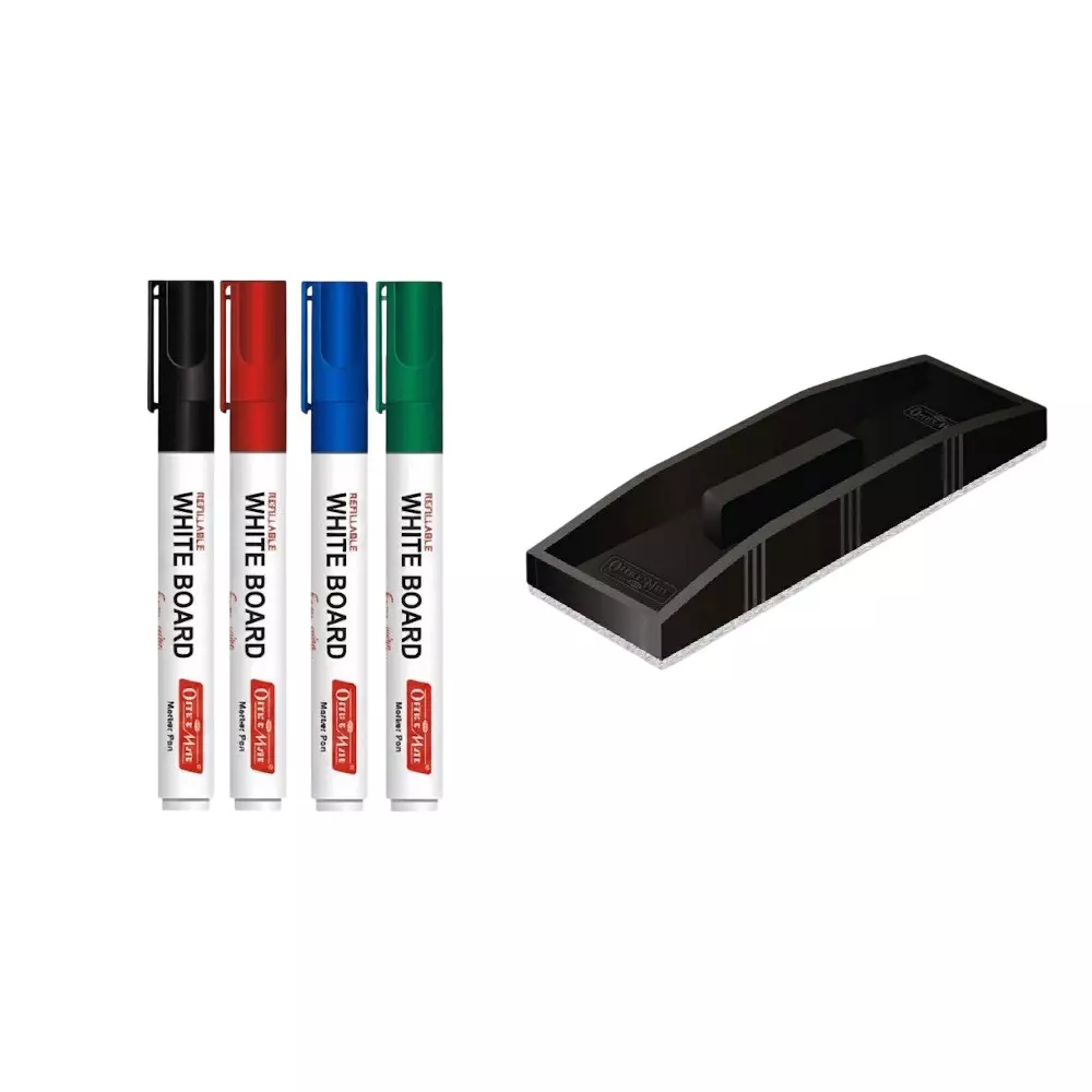 Soni OfficeMate Whiteboard Marker & Magnetic Duster Combo 14 cm Marker Size 4.43 mm Tip Size Assorted for Office, College & School Use