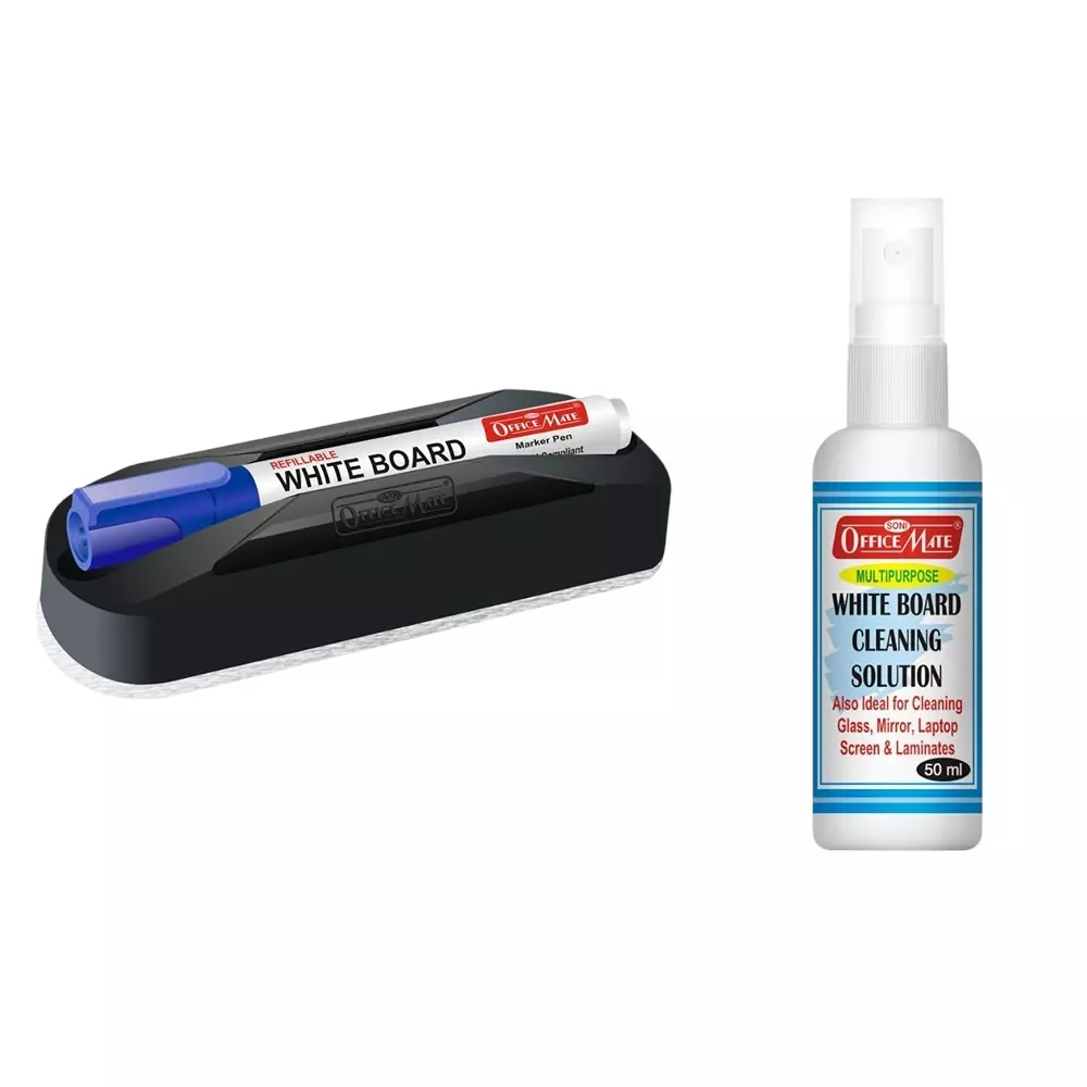 Soni OfficeMate Whiteboard Blue Marker, Cleaning Solution & Duster Combo 14 cm Marker Size 4.43 mm Tip Size for Office, College & School Use