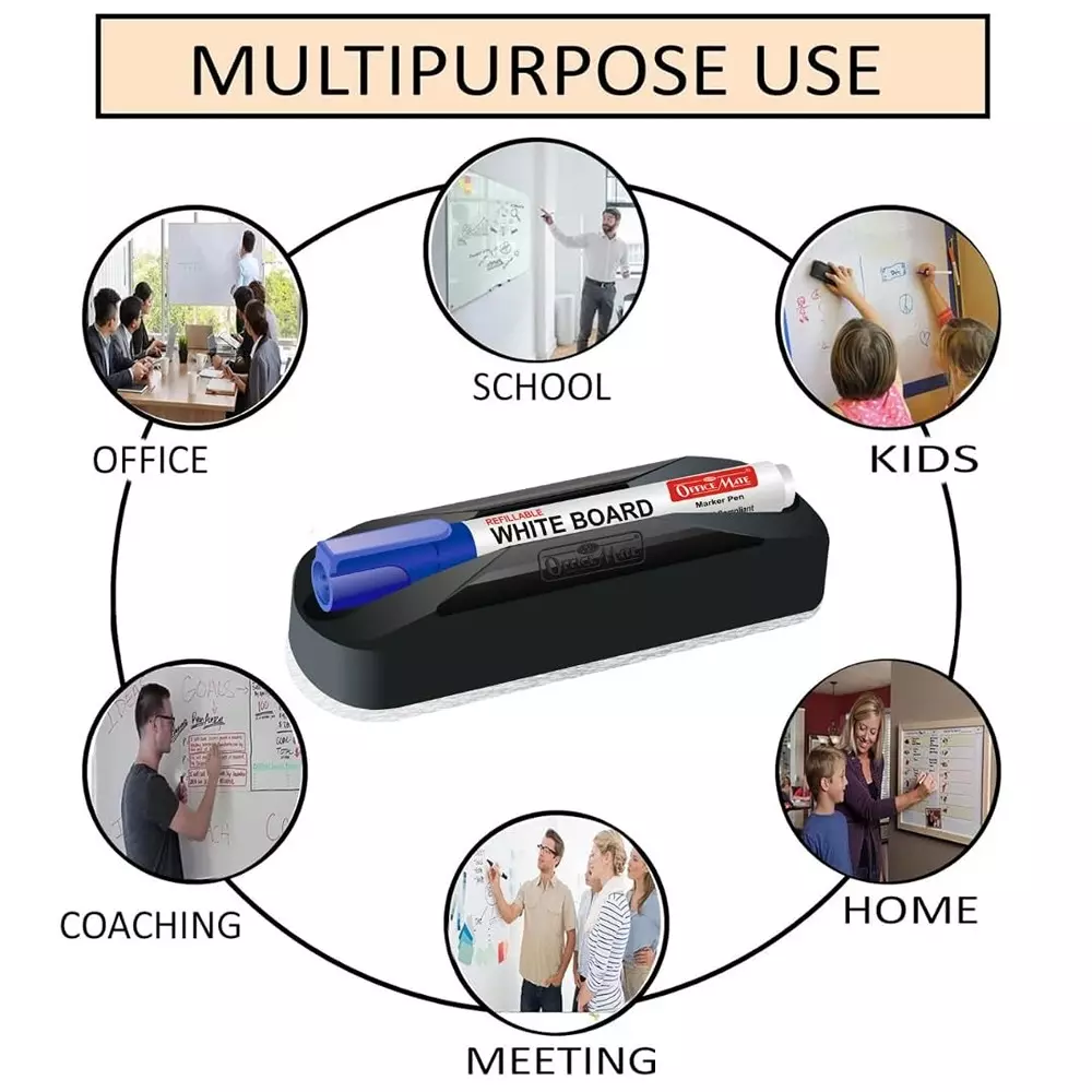 Soni OfficeMate Whiteboard Blue Marker, Cleaning Solution & Duster Combo 14 cm Marker Size 4.43 mm Tip Size for Office, College & School Use