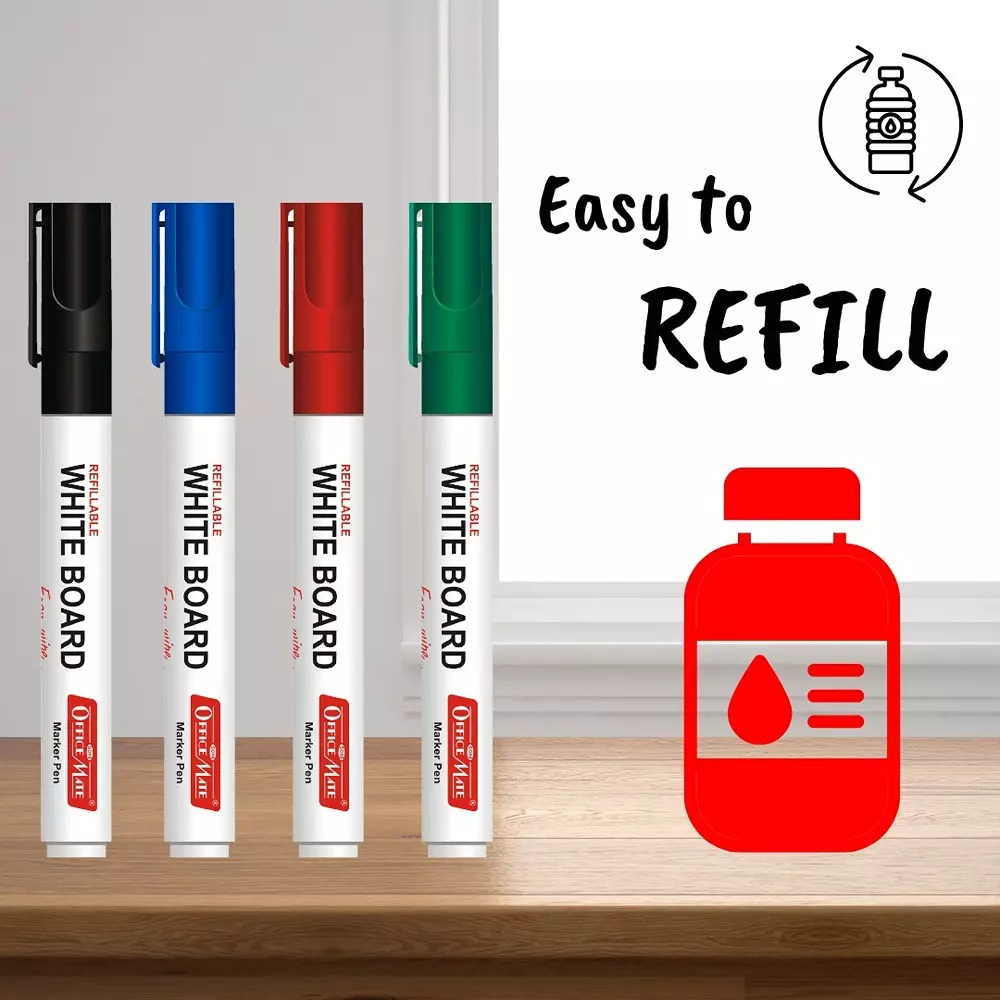 Soni Office Mate Refillable Whiteboard Marker 4.43 mm Bullet Tip Multicolor for Schools & Offices (Pack of 8)