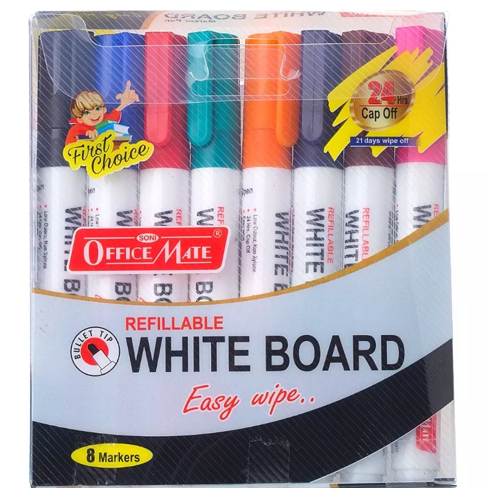 Soni Office Mate Refillable Whiteboard Marker 4.43 mm Bullet Tip Multicolor for Schools & Offices (Pack of 8)