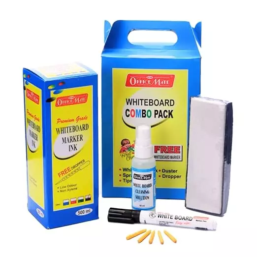 Soni Office Mate Black White Board Marker Duster Ink Kit with 500 ml Ink + Marker + Duster + 50 ml Cleaner + 5 Nibs for School, Office and Home