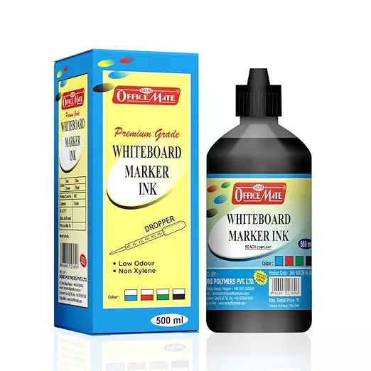 Soni Office Mate Black White Board Marker Duster Ink Kit with 500 ml Ink + Marker + Duster + 50 ml Cleaner + 5 Nibs for School, Office and Home