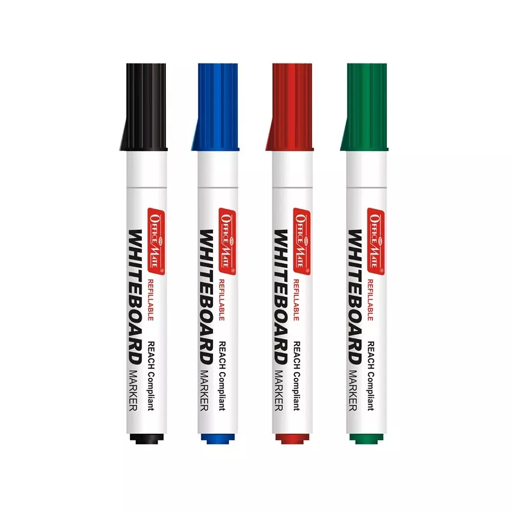 Soni Office Mate Regular Whiteboard Marker Anti Roll Cap Type Quick Dry, Easy Wipe 4.43 mm Bullet Tip Ideal For Home, School & Office Use, Multicolor (Pack of 4)