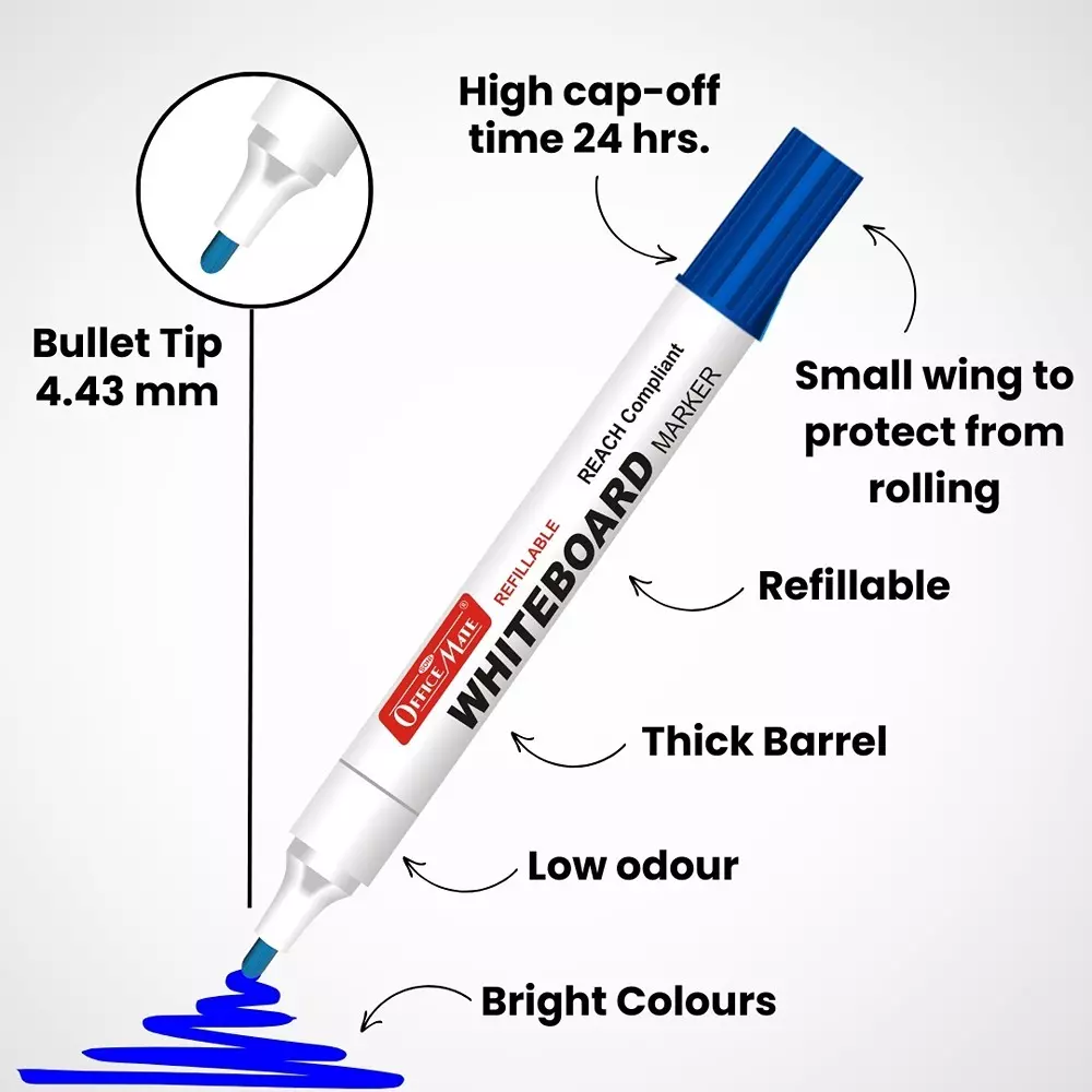 Soni Office Mate Regular Whiteboard Marker Anti Roll Cap Type Quick Dry, Easy Wipe 4.43 mm Bullet Tip Ideal For Home, School & Office Use, Multicolor (Pack of 4)