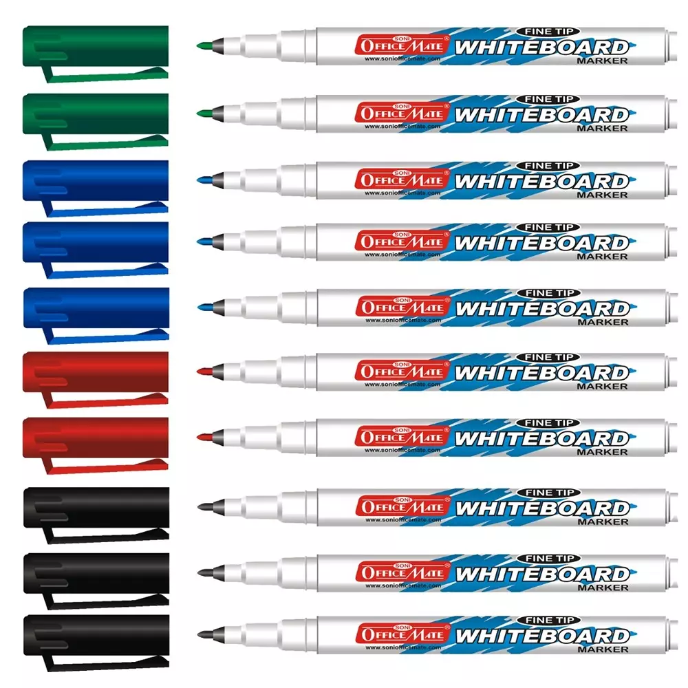Soni Office Mate Fine Tip Whiteboard Marker 2.5 mm Bullet Tip Multicolor for Schools & Offices (Pack of 10)