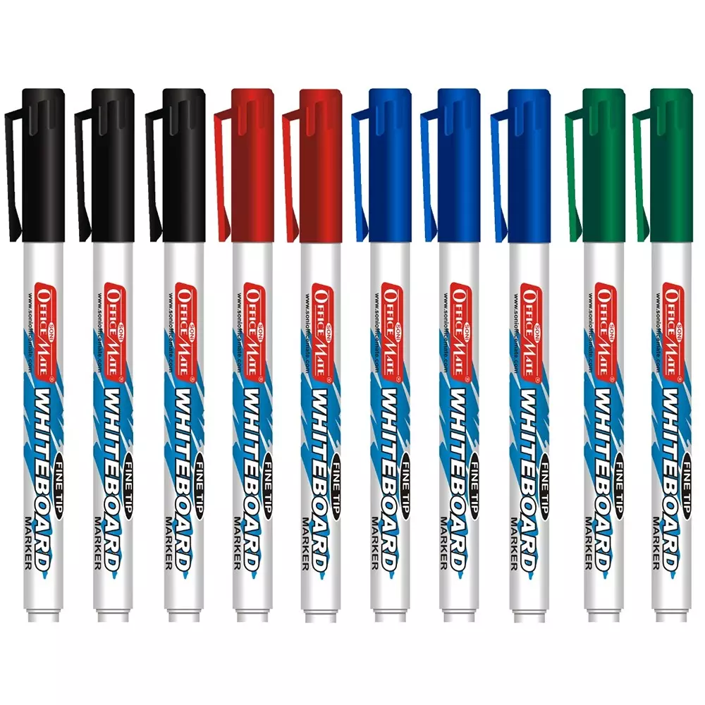 Soni Office Mate Fine Tip Whiteboard Marker 2.5 mm Bullet Tip Multicolor for Schools & Offices (Pack of 10)