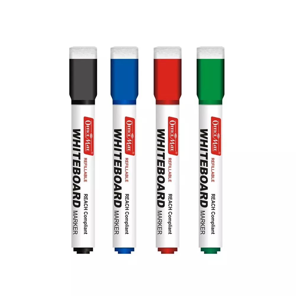 Soni Office Mate Whiteboard Marker With Duster on Cap Type Quick Dry, Easy Wipe 4.43 mm Bullet Tip Ideal For Home, School & Office Use, Multicolor (Pack of 4)