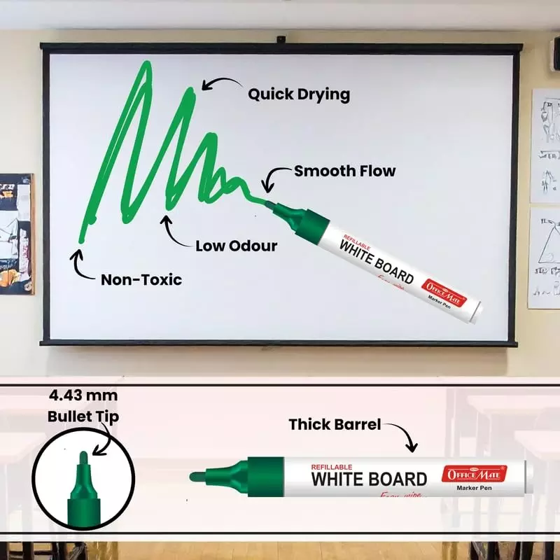 Soni OfficeMate Whiteboard Markers & Ink Combo 14 cm Marker Size 4.43 mm Tip Size 15 ml Green Ink Color for Office, College & School Use