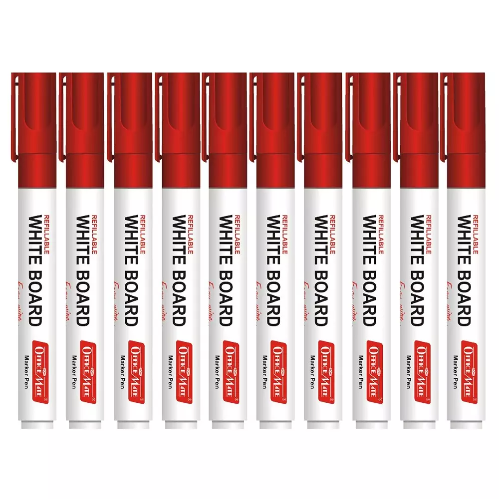 Soni Office Mate Refillable Whiteboard Marker 4.43 mm Bullet Tip Red Color for Schools & Offices (Pack of 10)