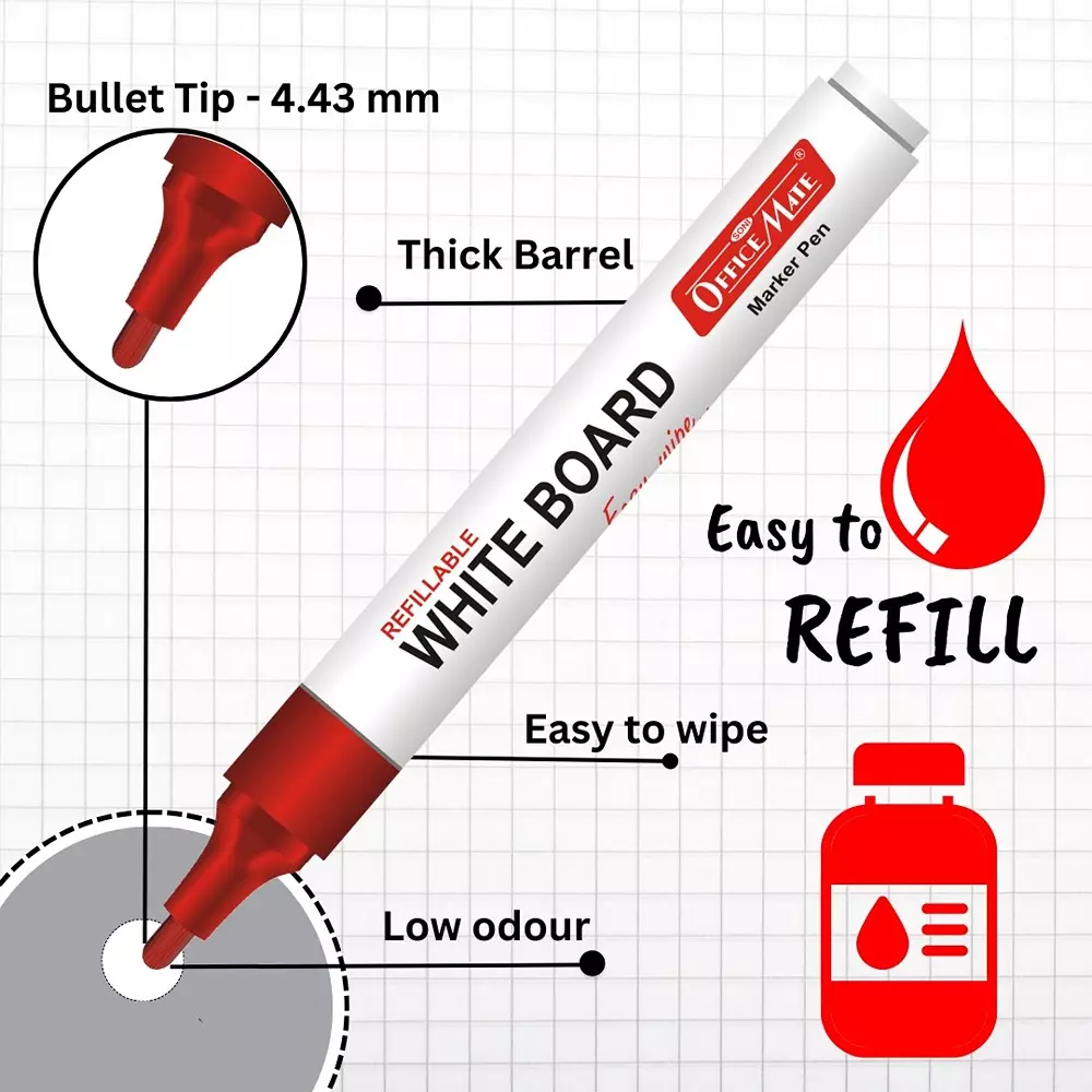 Soni Office Mate Refillable Whiteboard Marker 4.43 mm Bullet Tip Red Color for Schools & Offices (Pack of 10)
