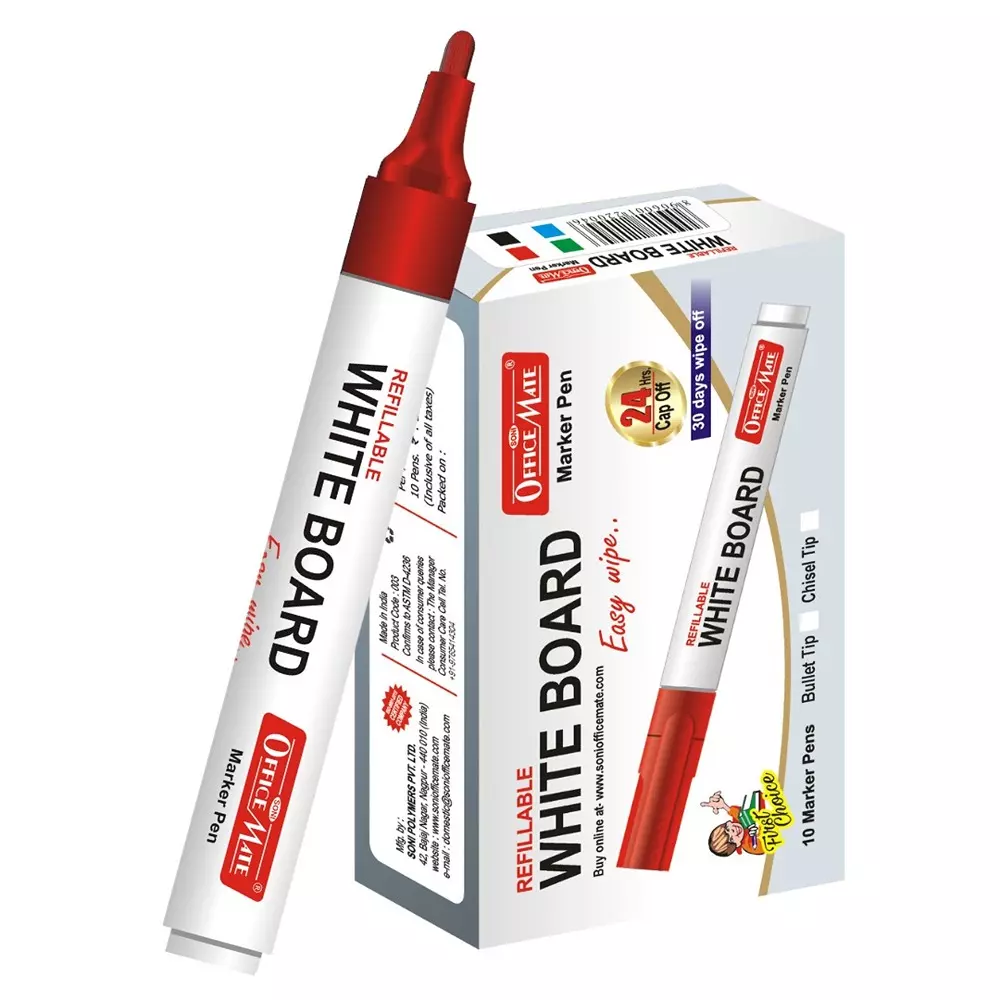 Soni Office Mate Refillable Whiteboard Marker 4.43 mm Bullet Tip Red Color for Schools & Offices (Pack of 10)