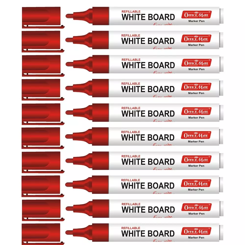 Soni Office Mate Refillable Whiteboard Marker 4.43 mm Bullet Tip Red Color for Schools & Offices (Pack of 10)