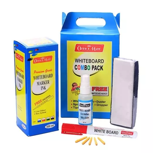 Soni Office Mate Red White Board Marker Duster Ink Kit with 500 ml Ink + Marker + Duster + 50 ml Cleaner + 5 Nibs for School, Office and Home