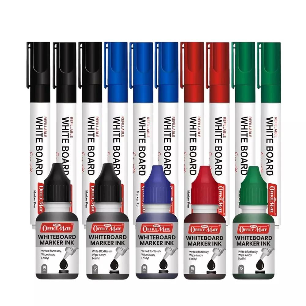 Soni OfficeMate Whiteboard Markers & Ink Combo 4.43 mm Marker Tip Size Assorted 15 ml Ink for Office, College & School Use