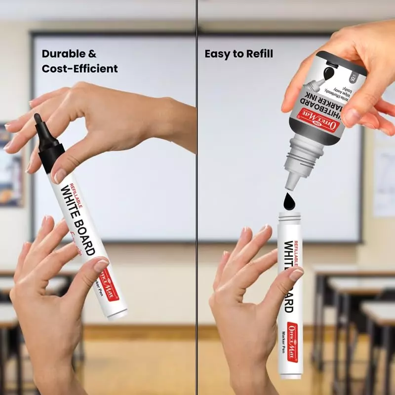 Soni OfficeMate Whiteboard Markers & Ink Combo 14 cm Marker Size 4.43 mm Tip Size 15 ml Black Ink Color for Office, College & School Use