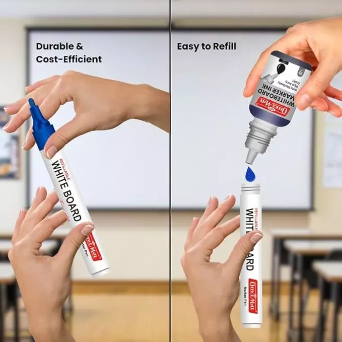 Soni OfficeMate Whiteboard Markers & Ink Combo 14 cm Marker Size 4.43 mm Tip Size 15 ml Blue Ink Color for Office, College & School Use