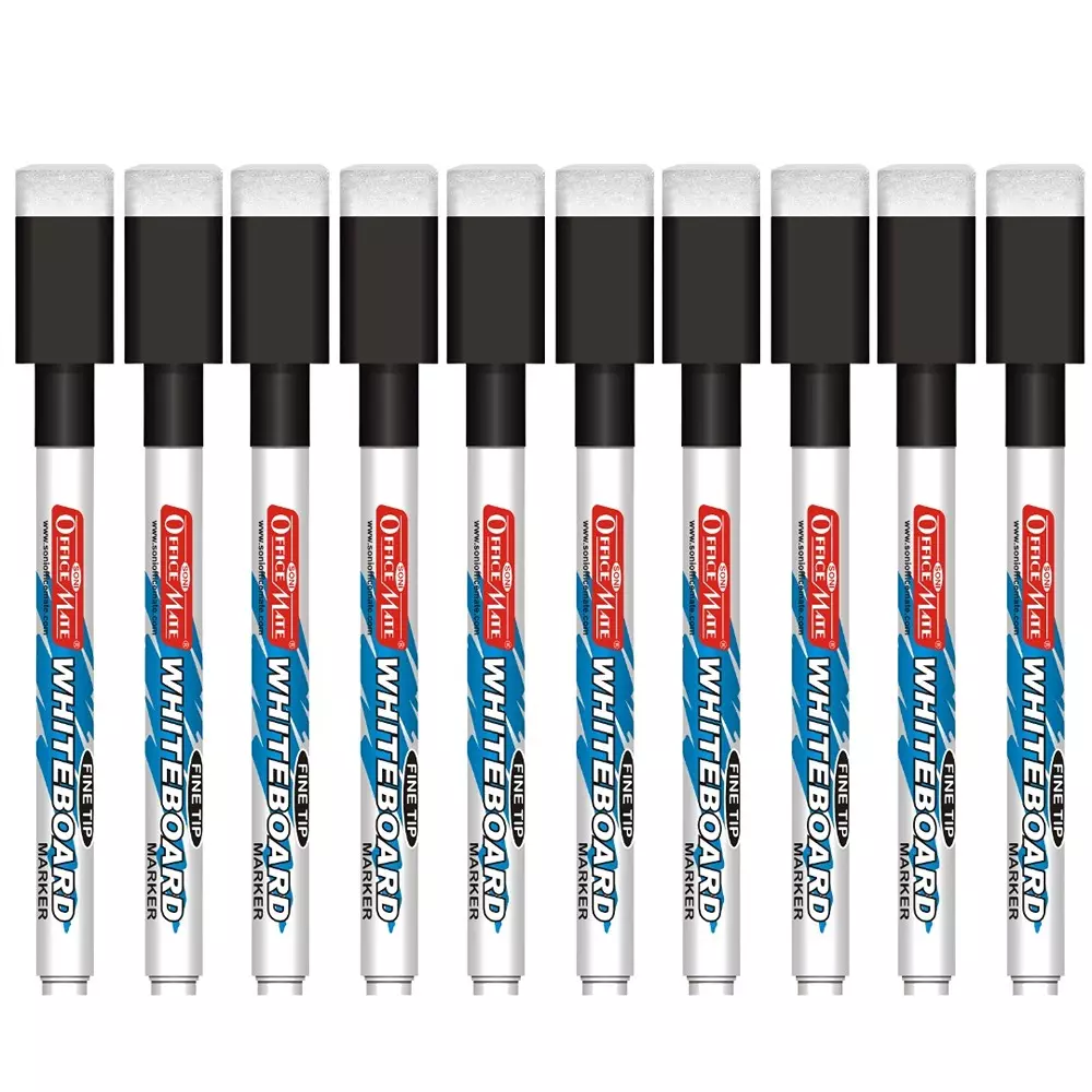 Soni Office Mate Fine Tip Whiteboard Marker with Duster Cap 2.5 mm Bullet Tip Black Color for Schools & Offices (Pack of 10)