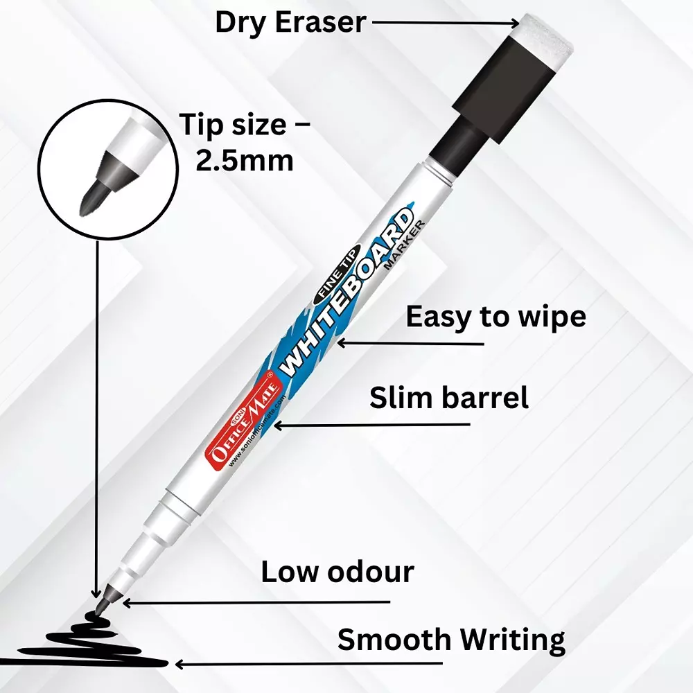 Soni Office Mate Fine Tip Whiteboard Marker with Duster Cap 2.5 mm Bullet Tip Black Color for Schools & Offices (Pack of 10)