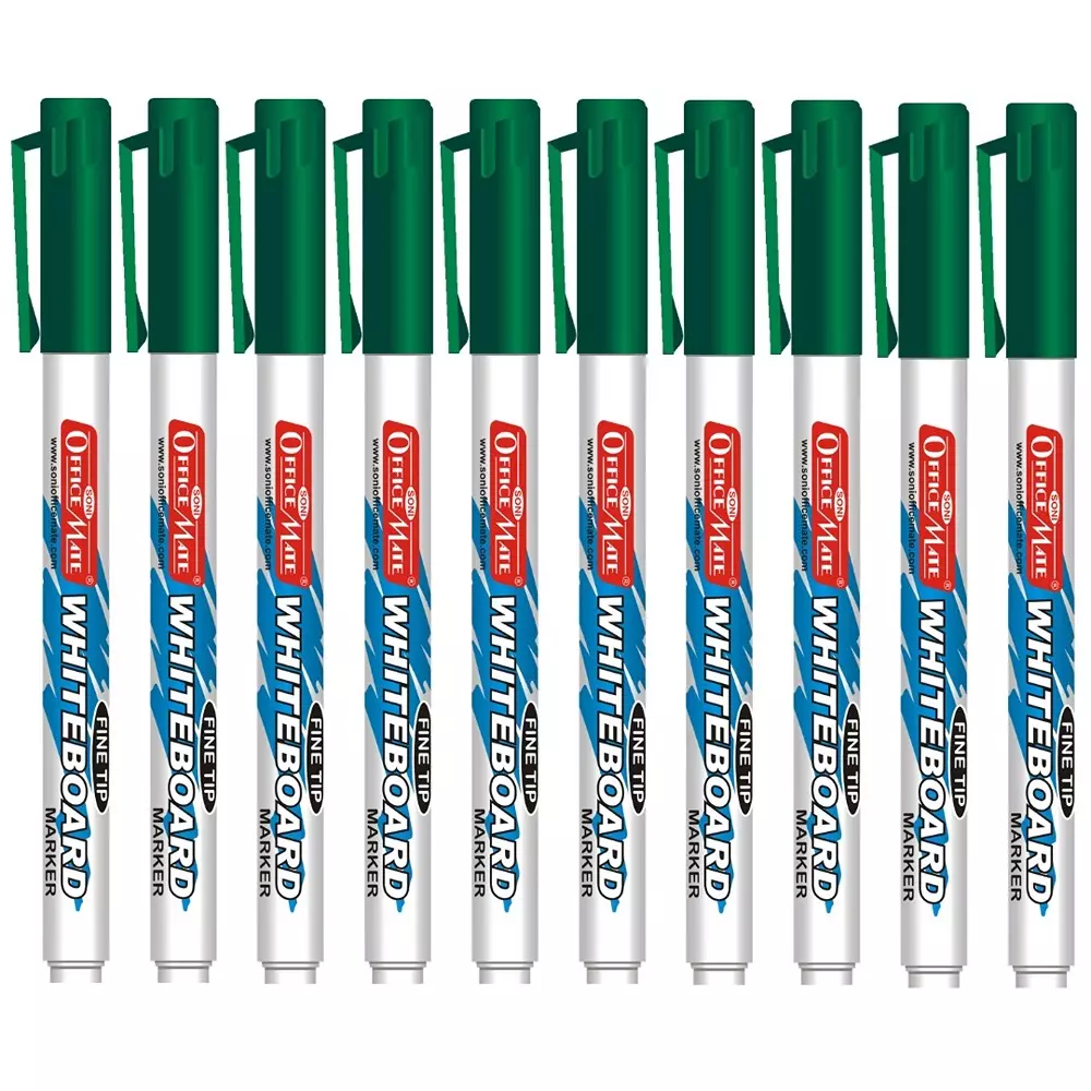 Soni Office Mate Fine Tip Whiteboard Marker 2.5 mm Bullet Tip Green Color for Schools & Offices (Pack of 10)