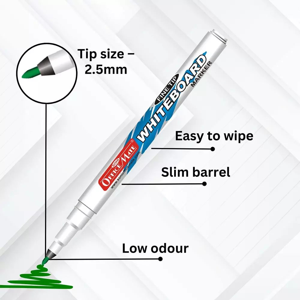 Soni Office Mate Fine Tip Whiteboard Marker 2.5 mm Bullet Tip Green Color for Schools & Offices (Pack of 10)
