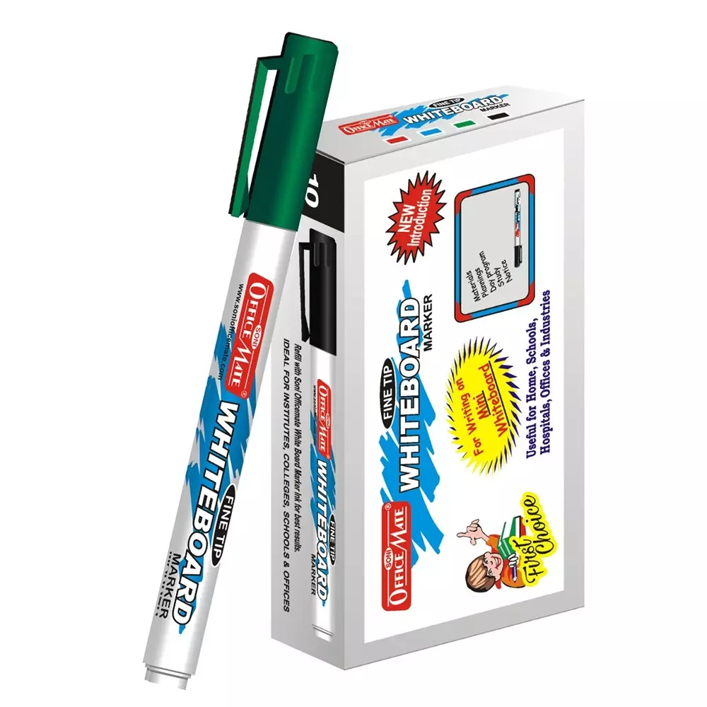 Soni Office Mate Fine Tip Whiteboard Marker 2.5 mm Bullet Tip Green Color for Schools & Offices (Pack of 10)