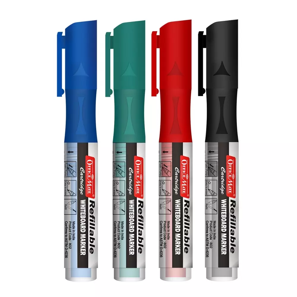 Soni Office Mate Whiteboard Marker with Refillable Cartridges 4.43 mm Bullet Tip Soni Office Mate Long Lasting Ink, Multicolor (Pack of 4)