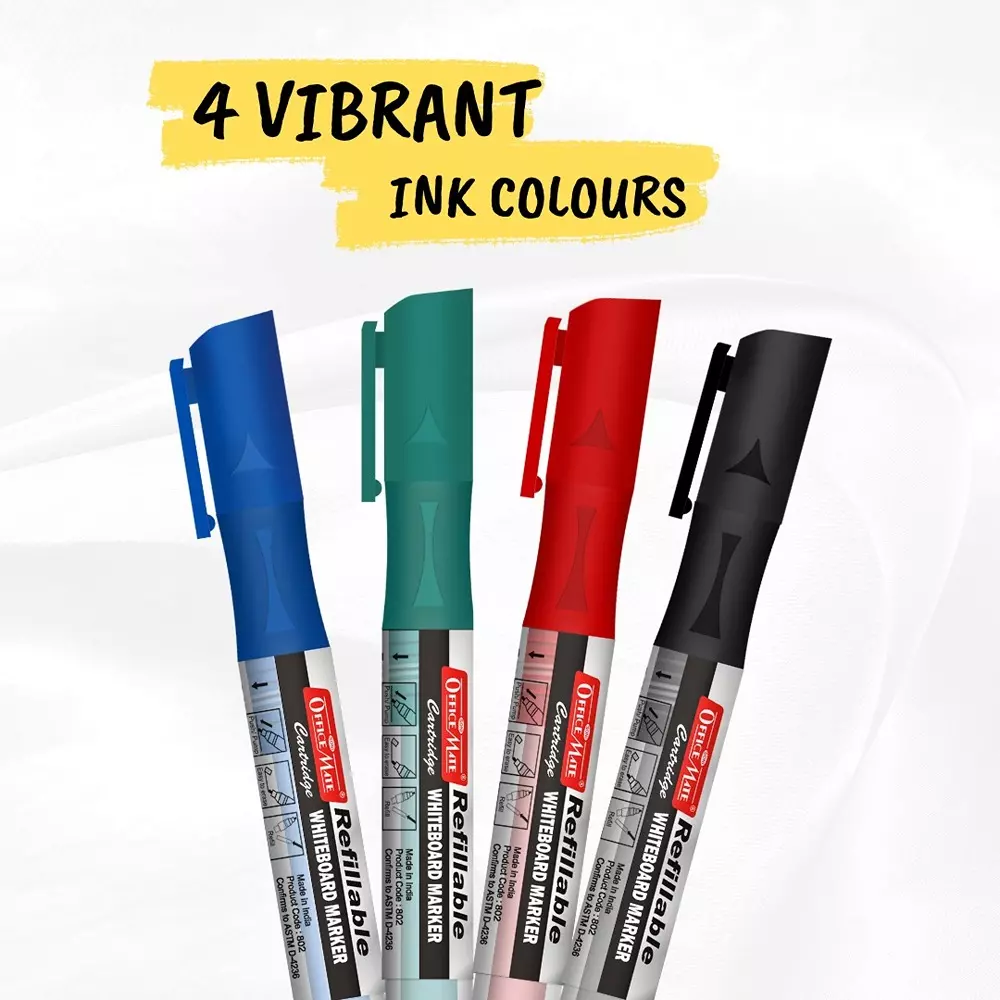 Soni Office Mate Whiteboard Marker with Refillable Cartridges 4.43 mm Bullet Tip Soni Office Mate Long Lasting Ink, Multicolor (Pack of 4)