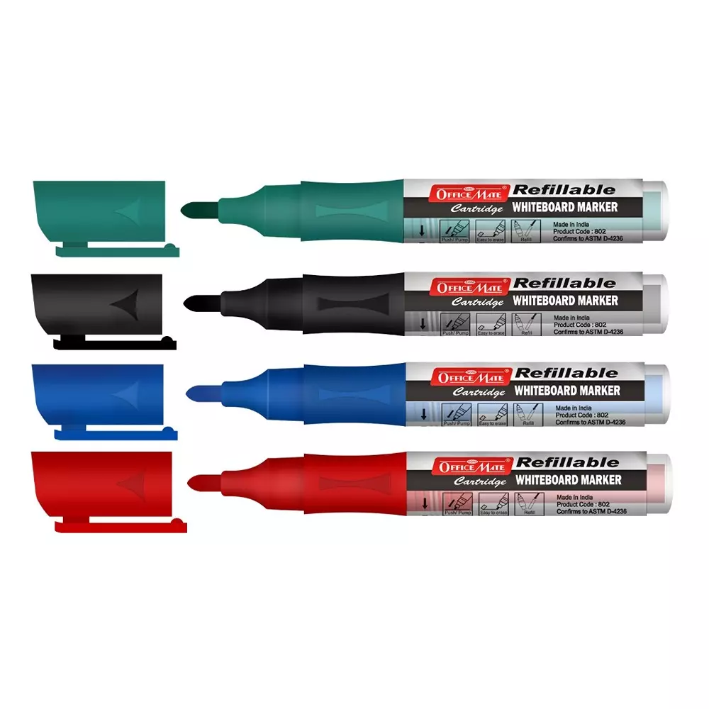 Soni Office Mate Whiteboard Marker with Refillable Cartridges 4.43 mm Bullet Tip Soni Office Mate Long Lasting Ink, Multicolor (Pack of 4)