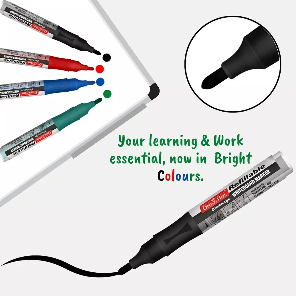 Soni Office Mate Whiteboard Marker with Refillable Cartridges 4.43 mm Bullet Tip Soni Office Mate Long Lasting Ink, Multicolor (Pack of 4)