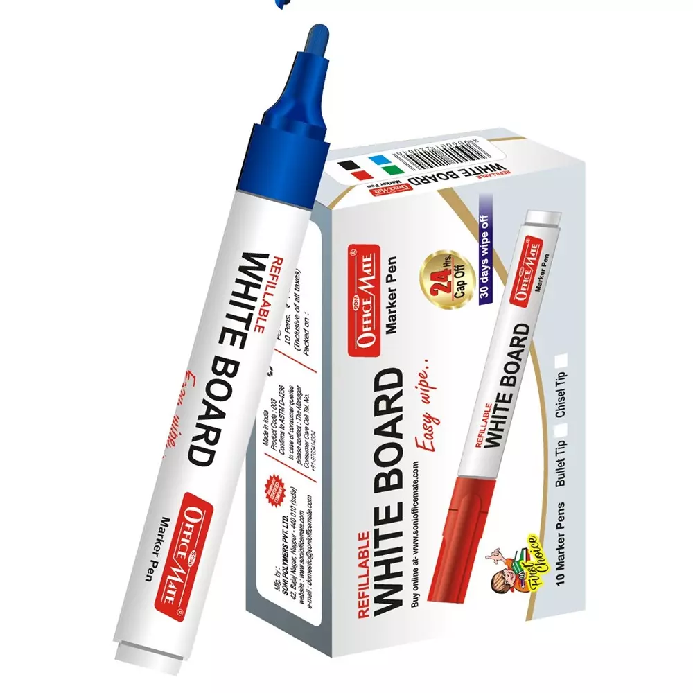 Soni Office Mate Refillable Whiteboard Marker 4.43 mm Bullet Tip Blue Color for Schools & Offices (Pack of 10)