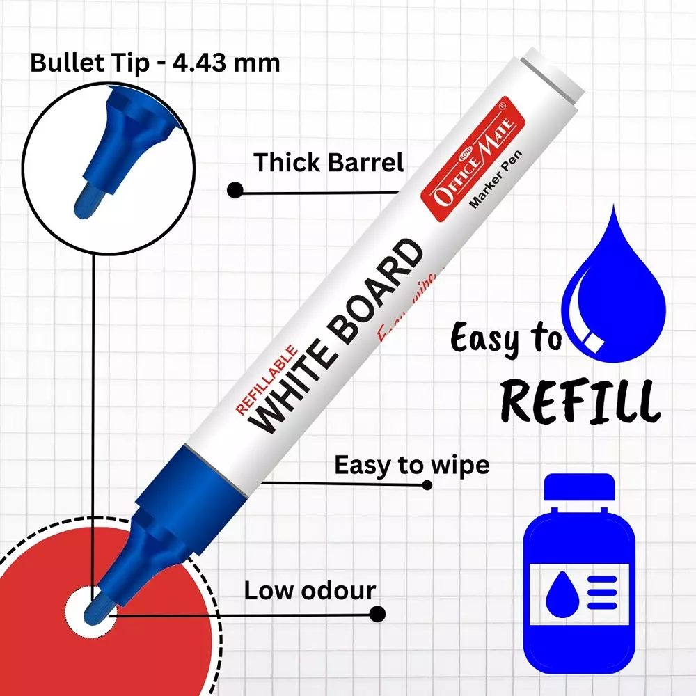 Soni Office Mate Refillable Whiteboard Marker 4.43 mm Bullet Tip Blue Color for Schools & Offices (Pack of 10)