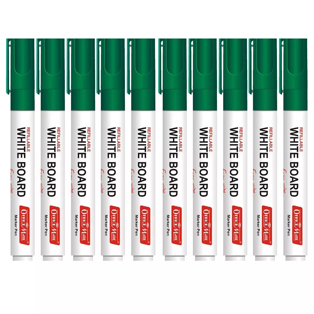 Soni Office Mate Refillable Whiteboard Marker 4.43 mm Bullet Tip Green Color for Schools & Offices (Pack of 10)