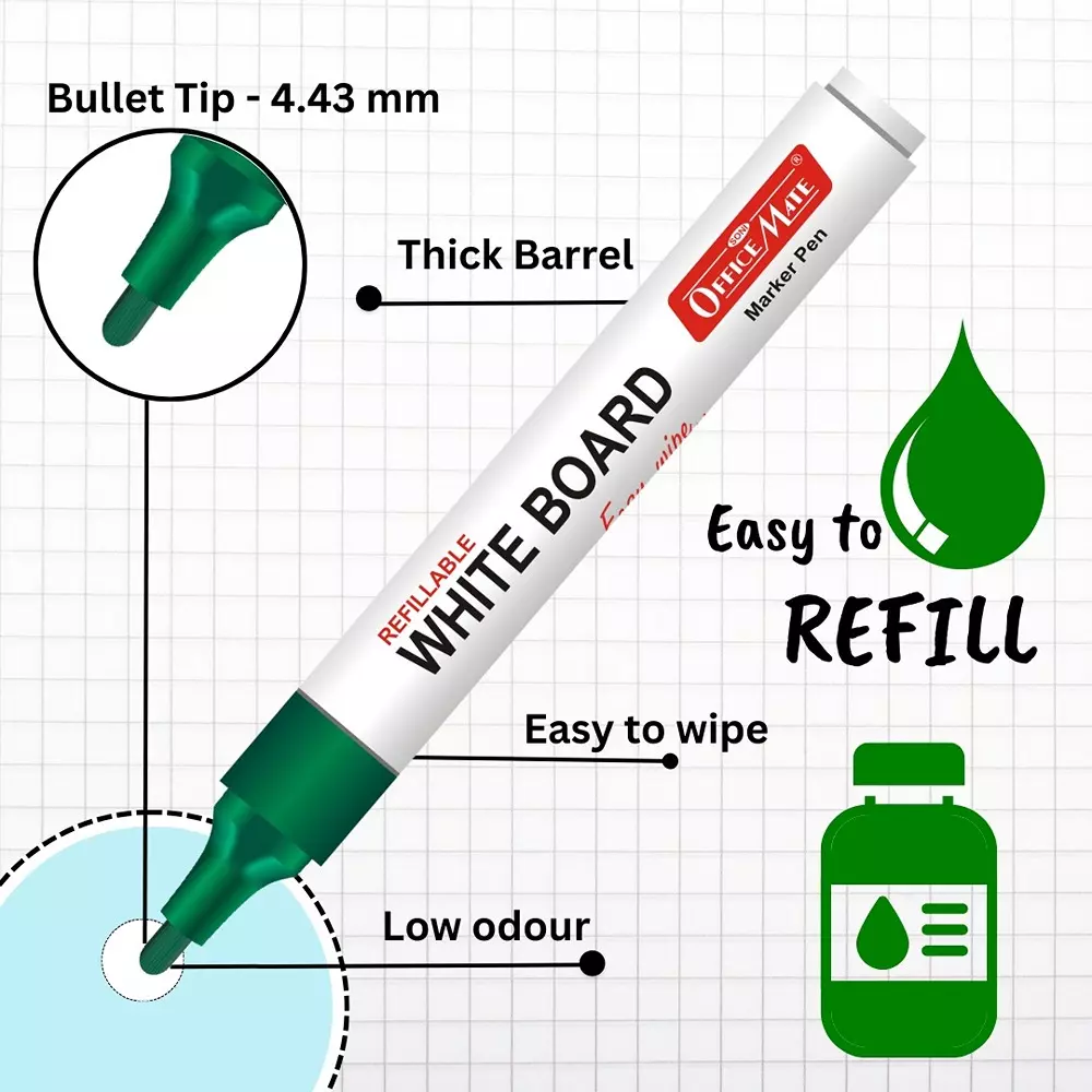 Soni Office Mate Refillable Whiteboard Marker 4.43 mm Bullet Tip Green Color for Schools & Offices (Pack of 10)