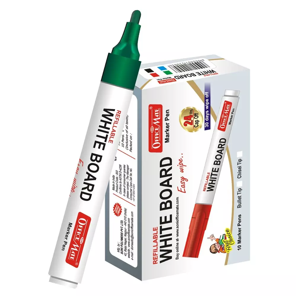 Soni Office Mate Refillable Whiteboard Marker 4.43 mm Bullet Tip Green Color for Schools & Offices (Pack of 10)