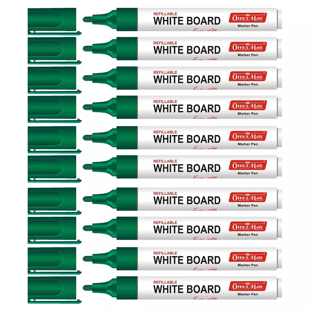 Soni Office Mate Refillable Whiteboard Marker 4.43 mm Bullet Tip Green Color for Schools & Offices (Pack of 10)