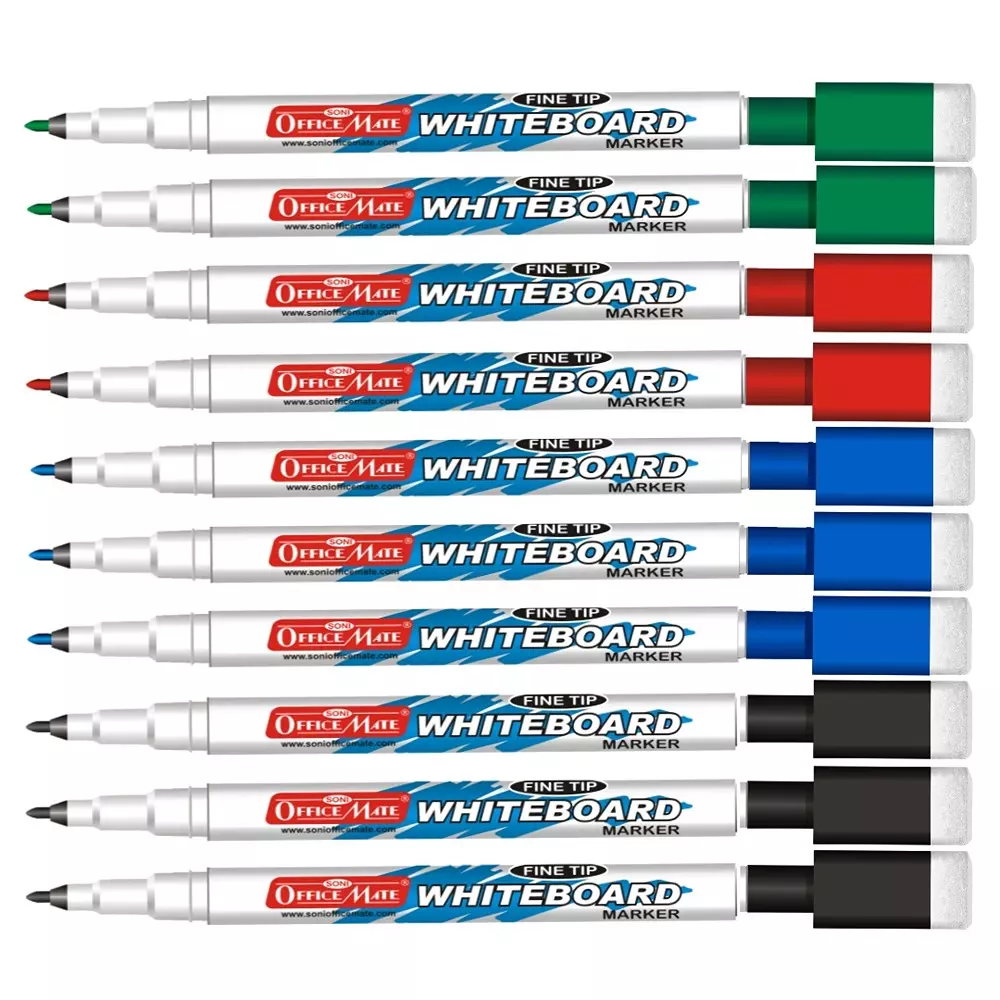 Soni Office Mate Fine Tip Whiteboard Marker with Duster Cap 2.5 mm Bullet Tip Multicolor for Schools & Offices (Pack of 10)