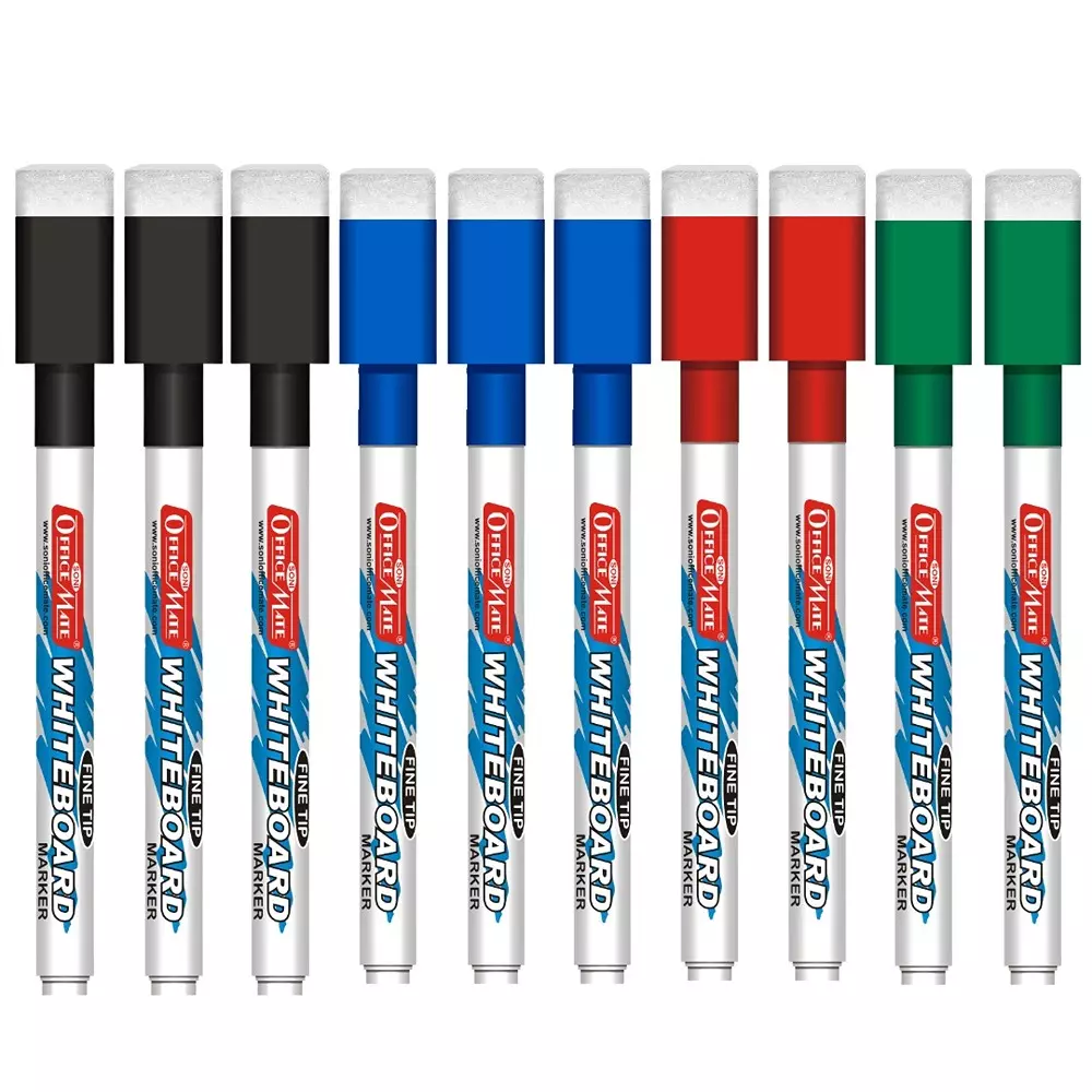 Soni Office Mate Fine Tip Whiteboard Marker with Duster Cap 2.5 mm Bullet Tip Multicolor for Schools & Offices (Pack of 10)
