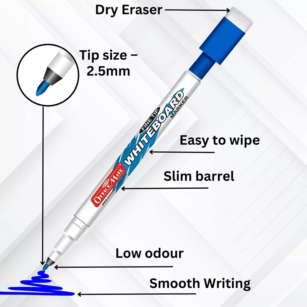 Soni Office Mate Fine Tip Whiteboard Marker with Duster Cap 2.5 mm Bullet Tip Multicolor for Schools & Offices (Pack of 10)