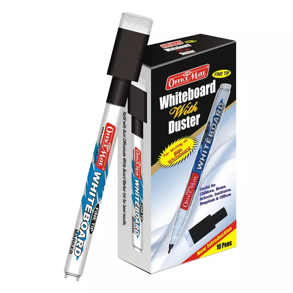 Soni Office Mate Fine Tip Whiteboard Marker with Duster Cap 2.5 mm Bullet Tip Multicolor for Schools & Offices (Pack of 10)