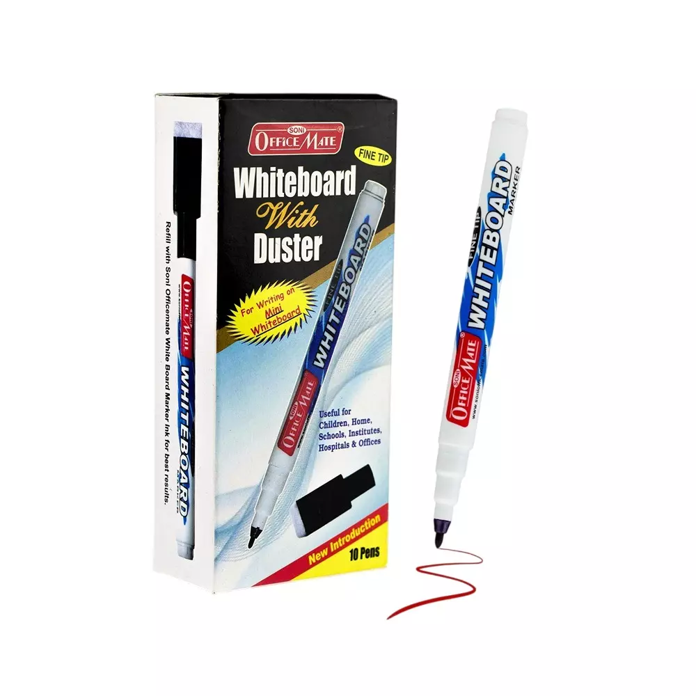 Soni Office Mate Fine Tip Whiteboard Marker with Duster Cap 2.5 mm Bullet Tip Multicolor for Schools & Offices (Pack of 10)