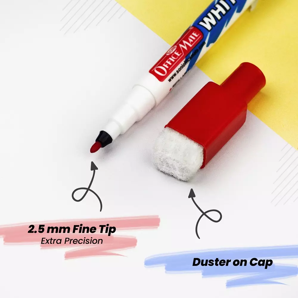 soni-office-mate-fine-tip-whiteboard-marker-with-duster-cap-25-mm-bullet-tip-multicolor-for-schools-offices-pack-of-10