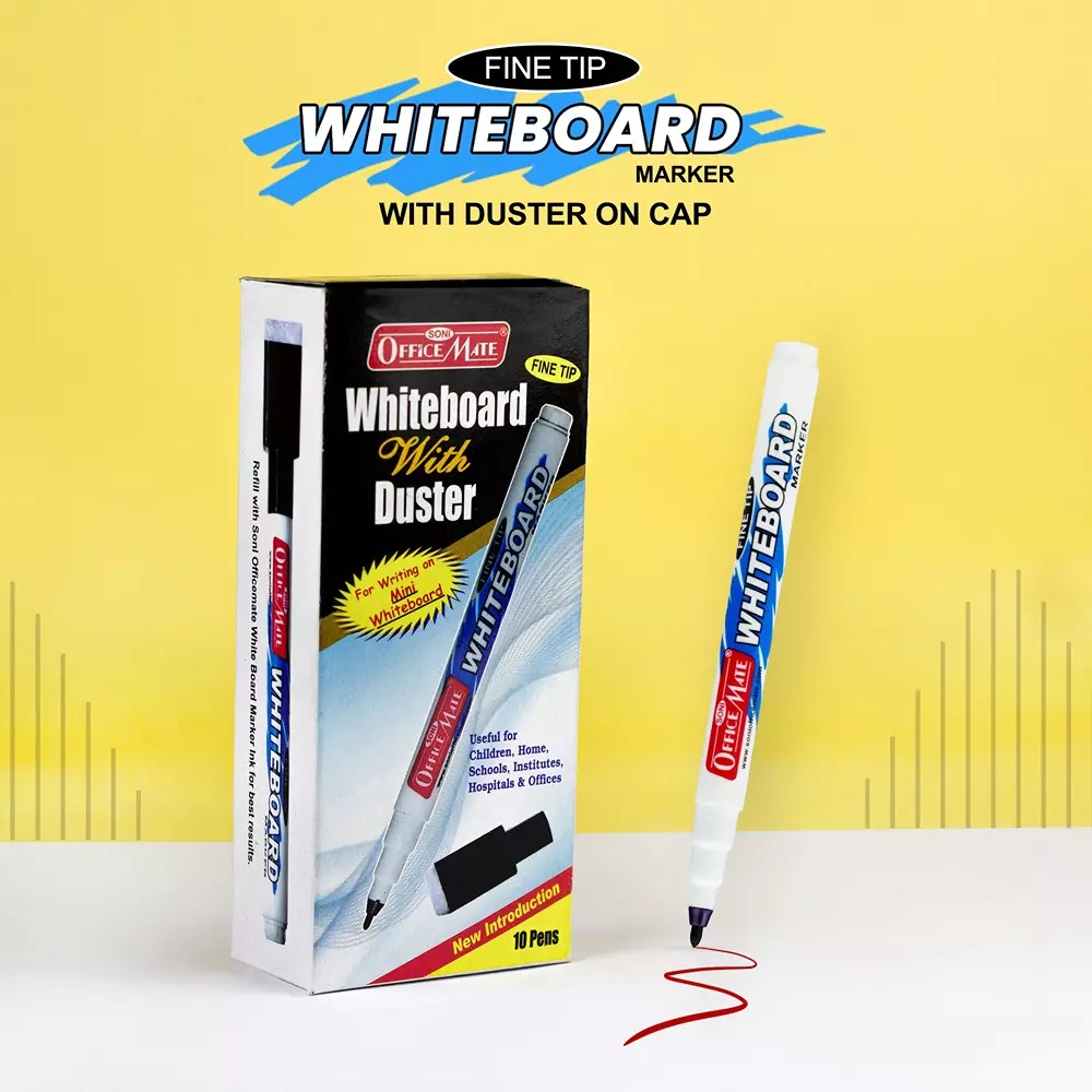 soni-office-mate-fine-tip-whiteboard-marker-with-duster-cap-25-mm-bullet-tip-multicolor-for-schools-offices-pack-of-10