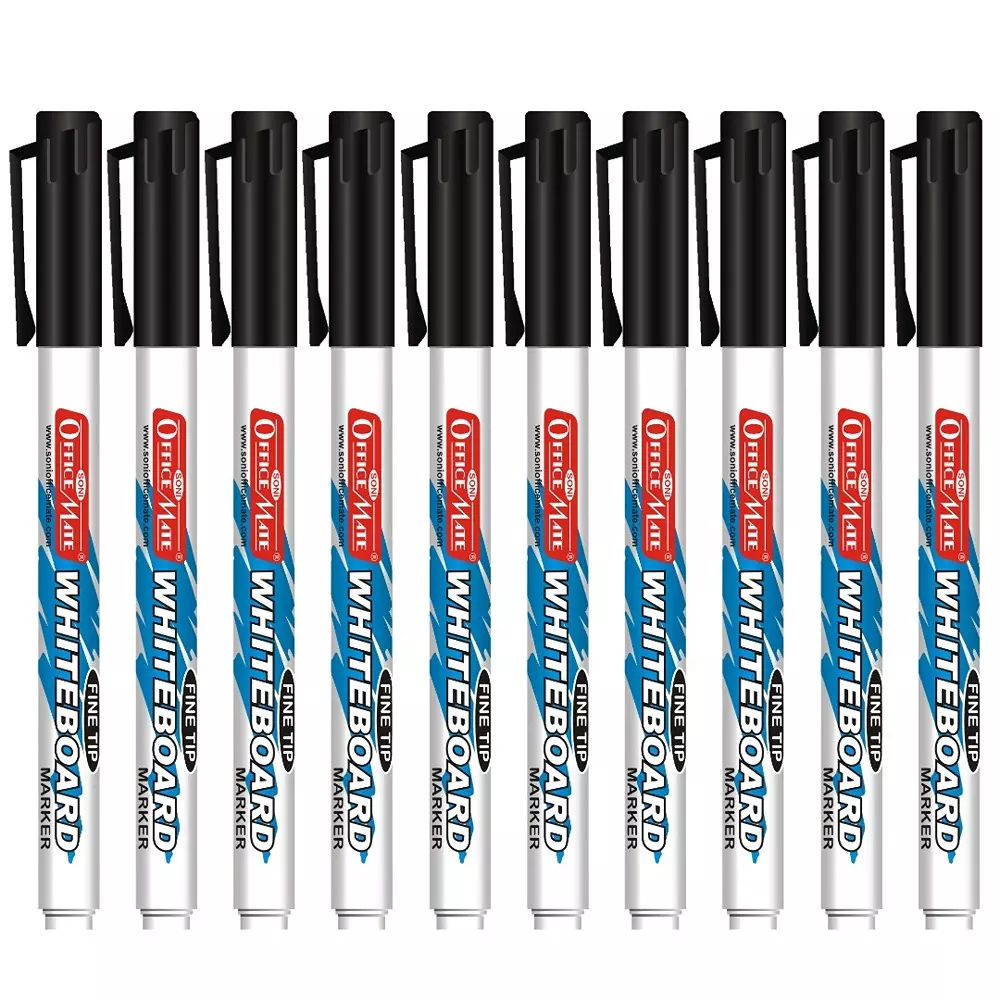 Soni Office Mate Fine Tip Whiteboard Marker 2.5 mm Bullet Tip Black Color for Schools & Offices (Pack of 10)