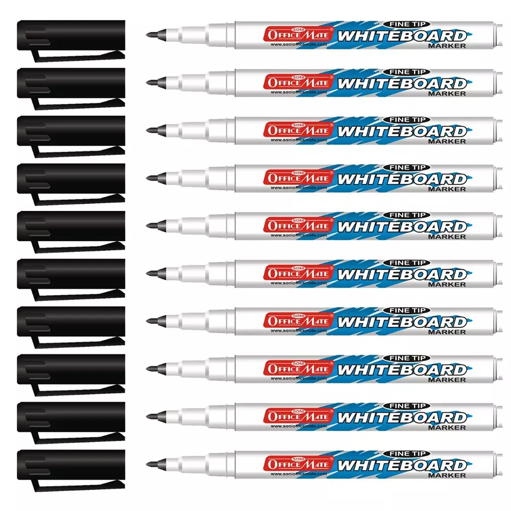 Soni Office Mate Fine Tip Whiteboard Marker 2.5 mm Bullet Tip Black Color for Schools & Offices (Pack of 10)