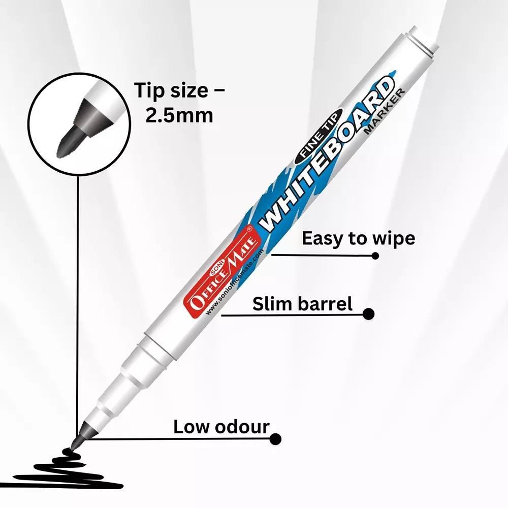 Soni Office Mate Fine Tip Whiteboard Marker 2.5 mm Bullet Tip Black Color for Schools & Offices (Pack of 10)