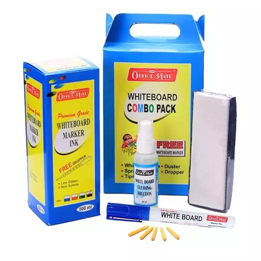 Soni Office Mate Blue White Board Marker Duster Ink Kit with 500 ml Ink + Marker + Duster + 50 ml Cleaner + 5 Nibs for School, Office and Home
