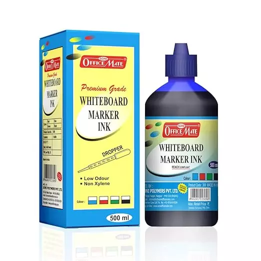 Soni Office Mate Blue White Board Marker Duster Ink Kit with 500 ml Ink + Marker + Duster + 50 ml Cleaner + 5 Nibs for School, Office and Home